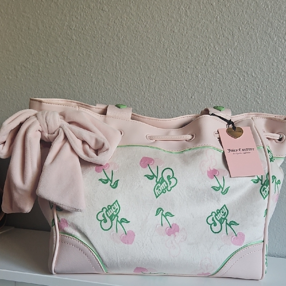 Juicy Couture Light Pink Cherry Print Tote with Green Accents